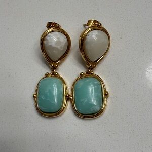 Gold Drop Earrings with White and Turquoise Stones
